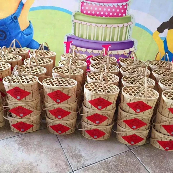 Bambu Örgü Sepet - Bambu Rengi 3.00kg, Ağ Kapaklı, Yeşil Yumuşak Saplı - 11