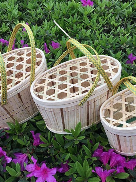 Bambu Örgü Sepet - Bambu Rengi 3.00kg, Ağ Kapaklı, Yeşil Yumuşak Saplı - 4
