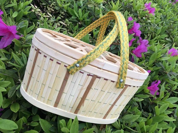 Bambu Örgü Sepet - 3.00kg Baskılı Desenli Mavi, File Kapaklı - 9