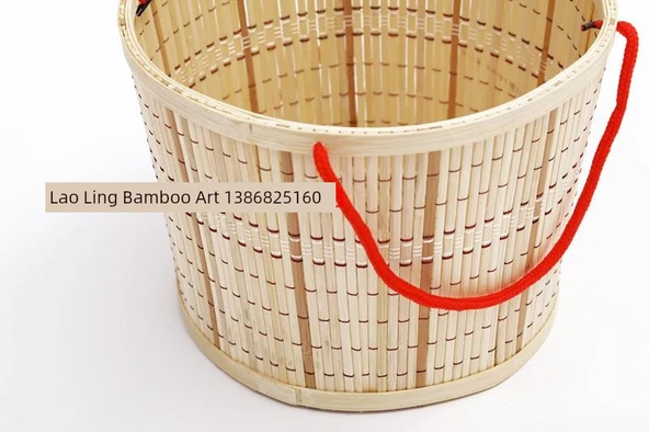 Yuvarlak Bambu Sepet - Beyaz Sepet, Kırmızı İp Saplı, Kapaklı - 10