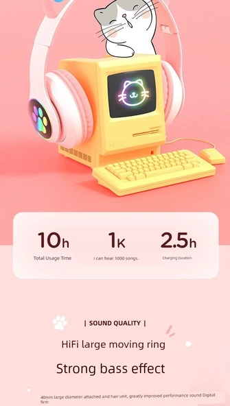 Kablosuz Kedi Kulaklıklı Gaming Kulaklık - Pembe - 10