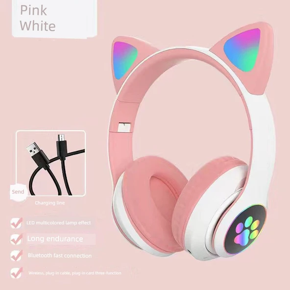 Kedi Kulaklı Bluetooth Kulaklık - Genç Pembe - 1