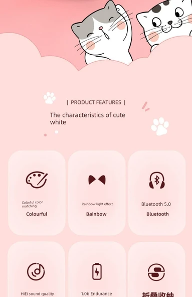 Kedi Kulaklı Bluetooth Kulaklık - Genç Pembe - 9