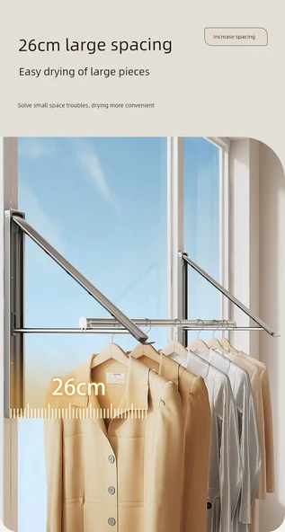 Katlanabilir Pencere Çamaşır Askısı Metalik Gri [2 Adet +80cm Rüzgar Geçirmez Askı Çubuğu] - 10