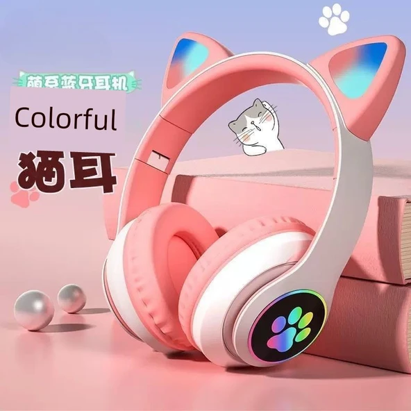 Kedi Kulaklı Bluetooth Kulaklık - Genç Pembe - 6