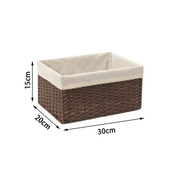 Japon Tarzı Kağıt İp Saklama Sepeti - Kahverengi Papatya Desenli 30x20x15cm
