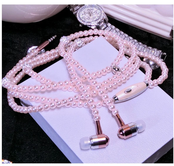 Mikrofonlu İnci Kolye Kulak İçi Kulaklık - İnci Pembe