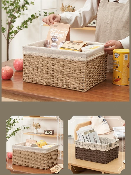 Japon Tarzı Kağıt İp Saklama Sepeti - Kahverengi Papatya Desenli 30x20x15cm - 4