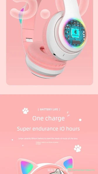 Kablosuz Kedi Kulaklıklı Gaming Kulaklık - Pembe - 9