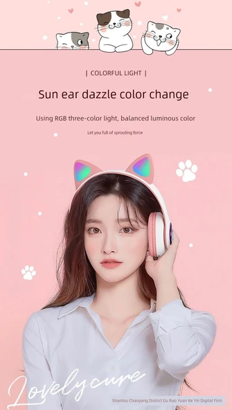 Kablosuz Kedi Kulaklıklı Gaming Kulaklık - Pembe - 7