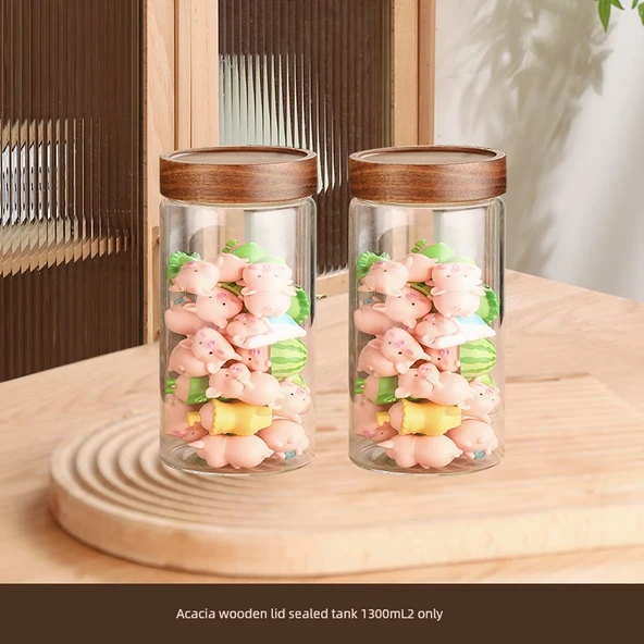 Akasya Kapaklı Cam Saklama Tankı - 1300ml - İki Adet