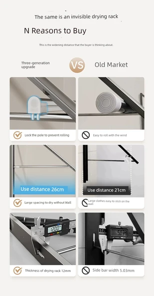 Katlanabilir Pencere Çamaşır Askısı Grafit Siyah [2 Adet +60cm Rüzgar Geçirmez Askı Çubuğu] - 8