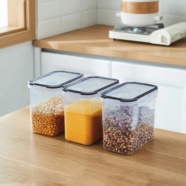 Hava Geçirmeyen Gıda Saklama Kabı - Siyah Kapaklı 1.3L Şeffaf (Üçlü Paket)
