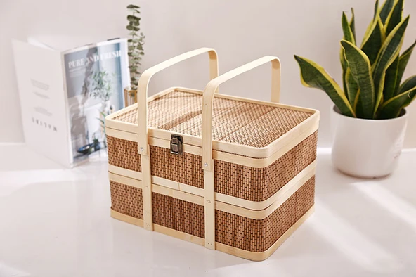 Bambu Dokuma Hediye Sepeti - Çift Kenevir Dikdörtgen Sepet (Büyük) (35x25x21.5cm)