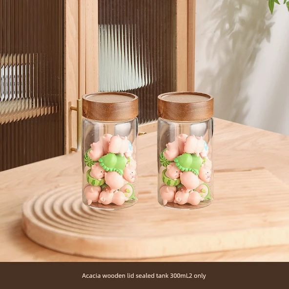 Akasya Kapaklı Cam Saklama Tankı - 300ml - İki Adet