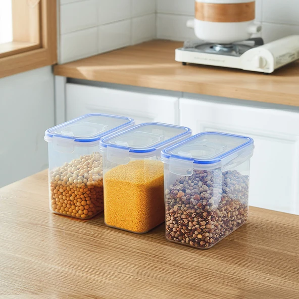 Hava Geçirmeyen Gıda Saklama Kabı - Mavi Kapaklı 1.3L Şeffaf (Üçlü Paket)