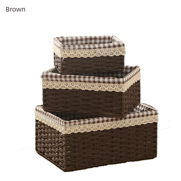 Rattan Desenli Saklama Sepeti - Kahve Rengi - Set