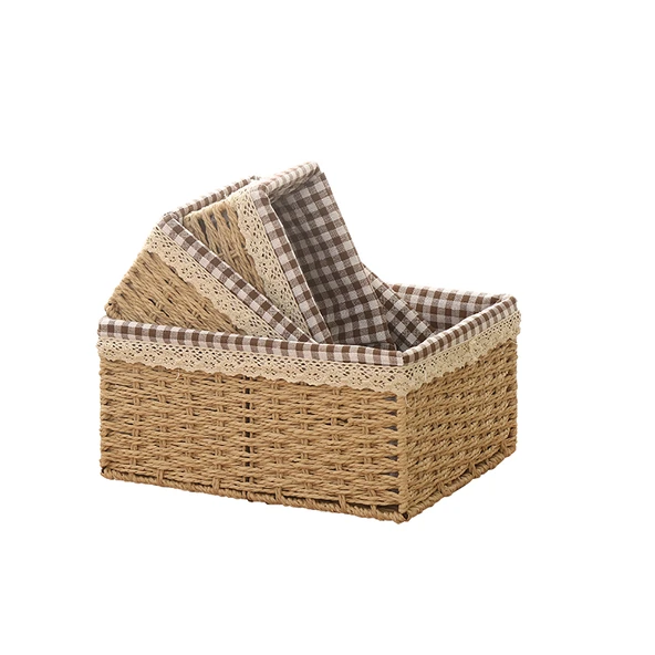 Rattan Desenli Saklama Sepeti - Kahve Rengi - Set - 5