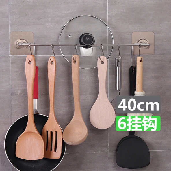Yapışkanlı Duvar Mutfak Askı Rafı - 40cm - 6 Kancalı - Kapak Tutuculu