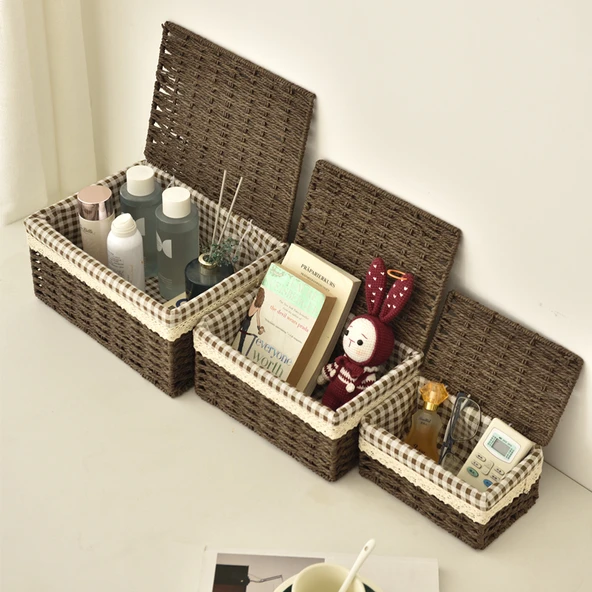Rattan Desenli Saklama Sepeti - Kahve - Kapaklı Set - 3