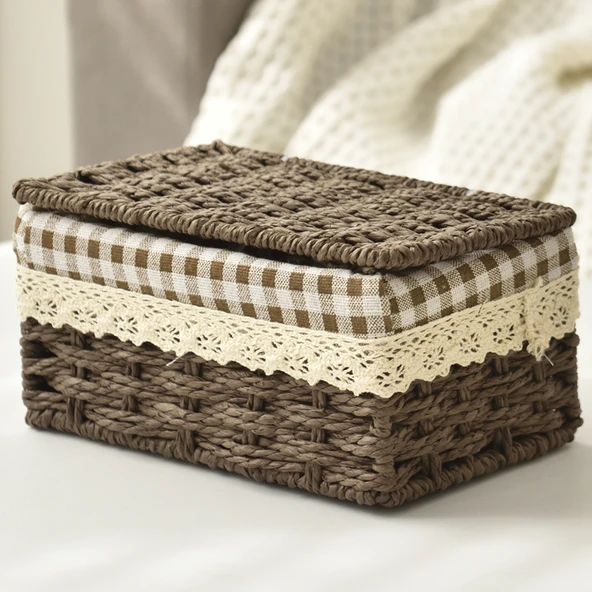 Rattan Desenli Saklama Sepeti - Kahve - Kapaklı Küçük Boy