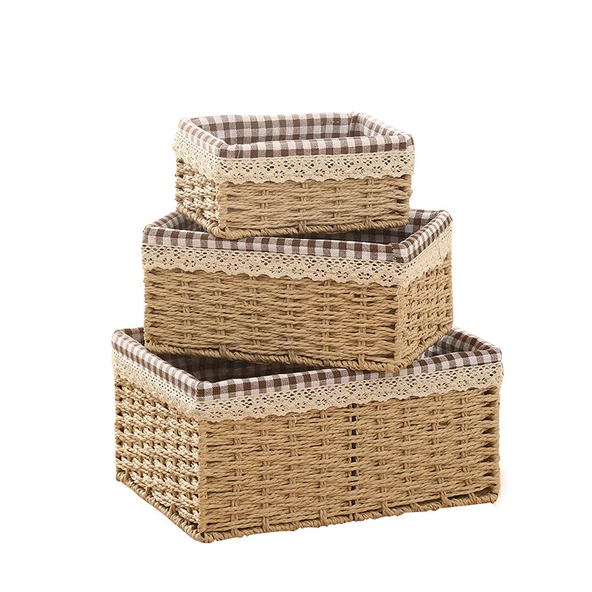 Rattan Desenli Saklama Sepeti - Kahve Rengi - Set - 6