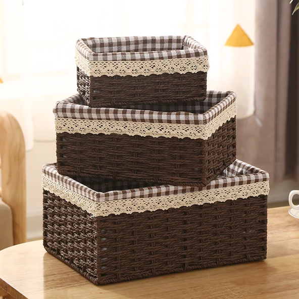 Rattan Desenli Saklama Sepeti - Kırmızı - Tam Set - 2
