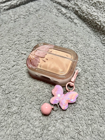 AirPods 1/2. Nesil Uyumlu Kelebek Desenli Koruyucu Kılıf - Yarı Şeffaf Pembe İnci Bileklikli