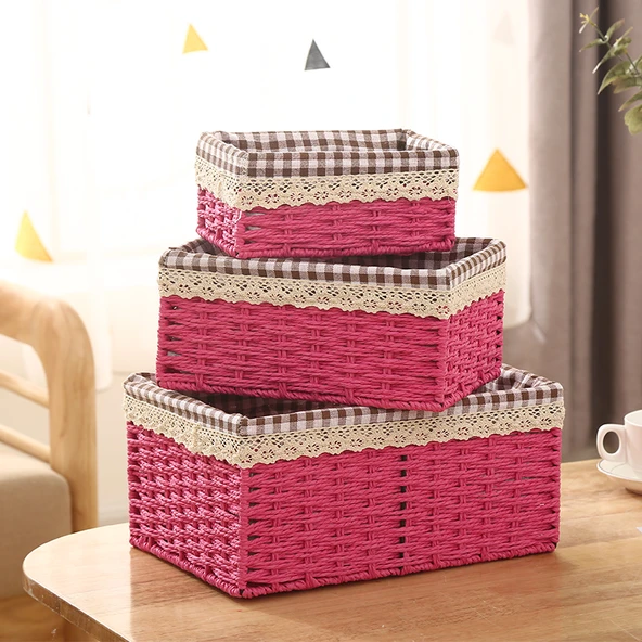 Rattan Desenli Saklama Sepeti - Kahve Rengi - Set - 4