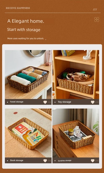 Japon Tarzı Rattan Masaüstü Saklama Kutusu - 33x23x16 Kahverengi - 9