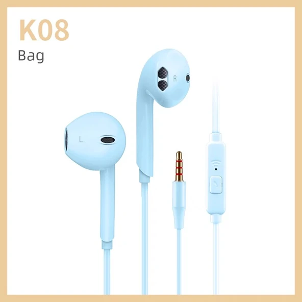 Mikrofonlu Kablolu Kulaklık - K08 Model - Mavi Renk - Çantalı
