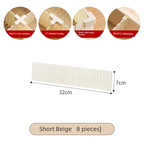 DIY Çekmece Bölme Plakası - Bej - 8 Parça Kısa + Karışık Toka x8