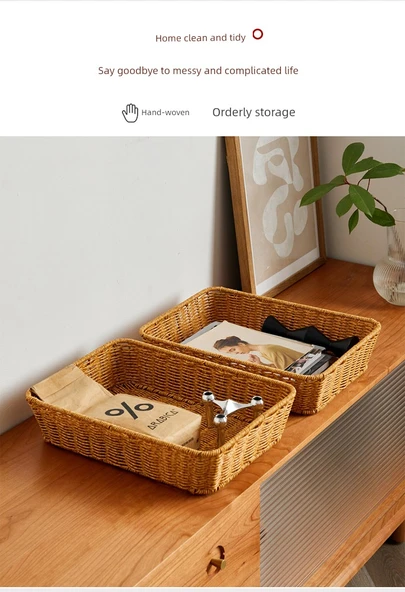 Japon Tarzı Rattan Masaüstü Saklama Kutusu - 33x23x16 Kahverengi - 8