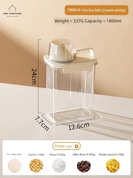 Krem Beyaz Tahıl Saklama Kabı - 1800ml Dereceli Ölçü Kabı ile