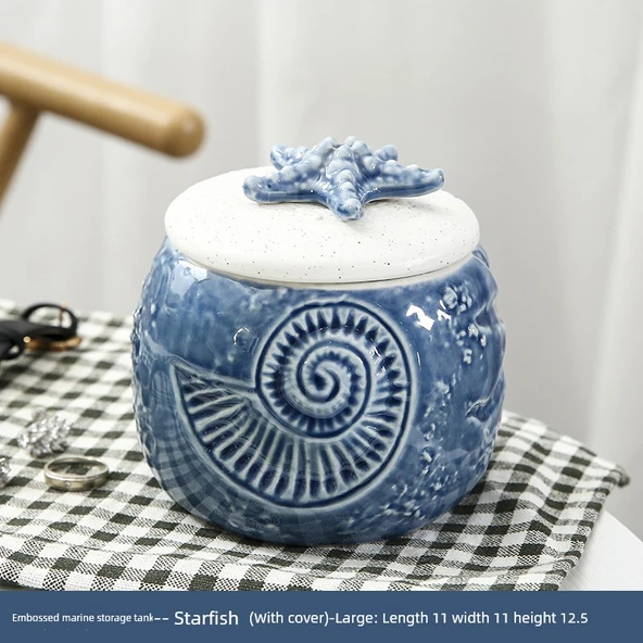 Nordik Seramik Deniz Temalı Kapaklı Saklama Kavanozu - Kabartmalı Deniz Kabuğu (Büyük) - 8