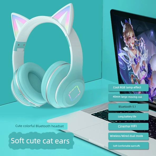 Kedi Kulaklı Gradient Renkli Kablosuz Bluetooth Kulaklık - Gök Mavisi 7.1 Stereo