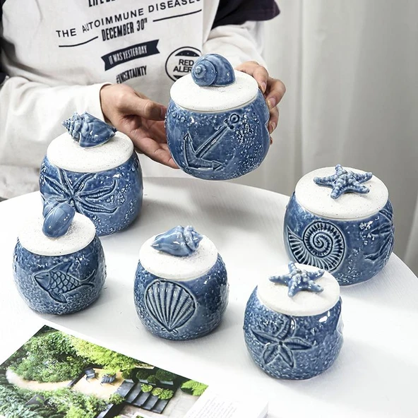 Nordik Seramik Deniz Temalı Kapaklı Saklama Kavanozu - Kabartmalı Deniz Kabuğu (Büyük) - 2