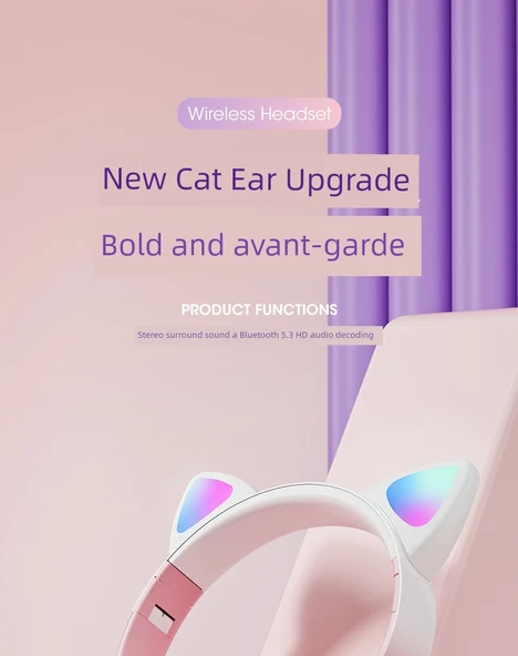 Kedi Kulaklı Gradient Renkli Kablosuz Bluetooth Kulaklık - Gök Mavisi 7.1 Stereo - 6