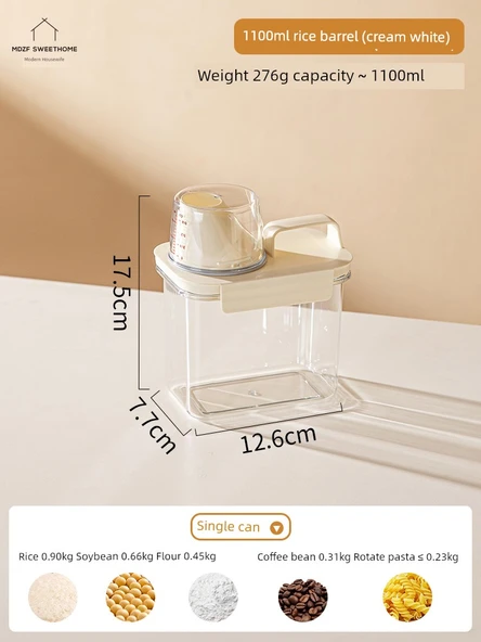 Krem Beyaz Tahıl Saklama Kabı - 1100ml Dereceli Ölçü Kabı ile