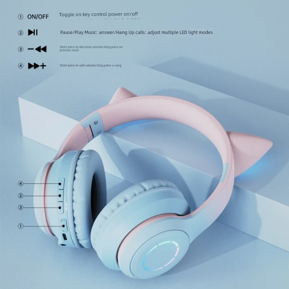 Kedi Kulaklı Gradient Renkli Kablosuz Bluetooth Kulaklık - Gök Mavisi 7.1 Stereo - 5