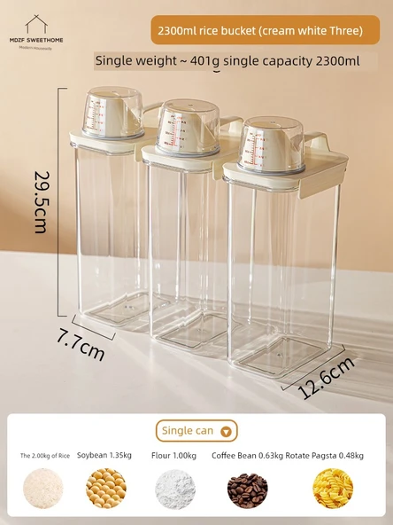 3'lü Krem Beyaz Tahıl Saklama Kabı Seti - 2300ML