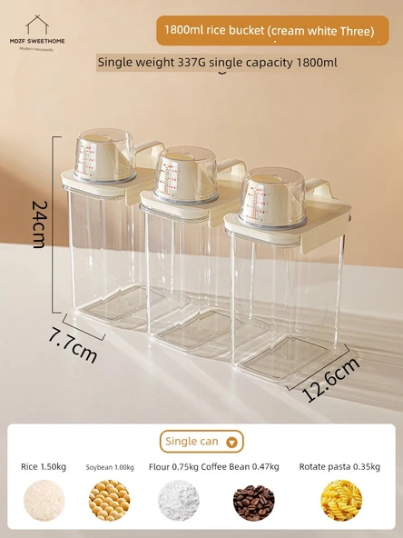 3'lü Krem Beyaz Tahıl Saklama Kabı Seti - 1800ml
