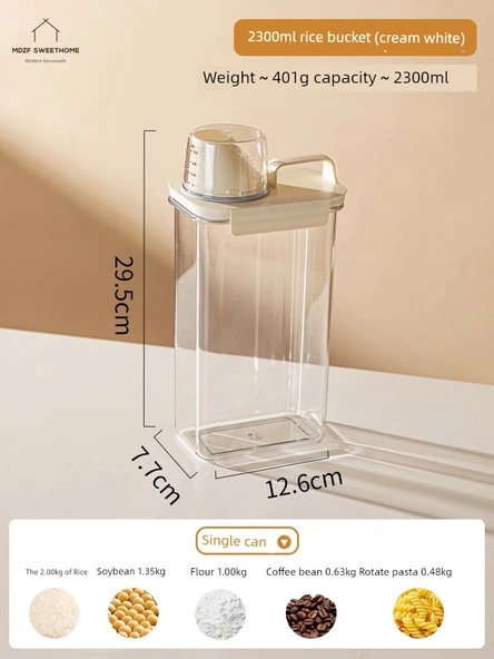 Krem Beyaz Tahıl Saklama Kabı - 2300ML Dereceli Ölçü Kabı ile