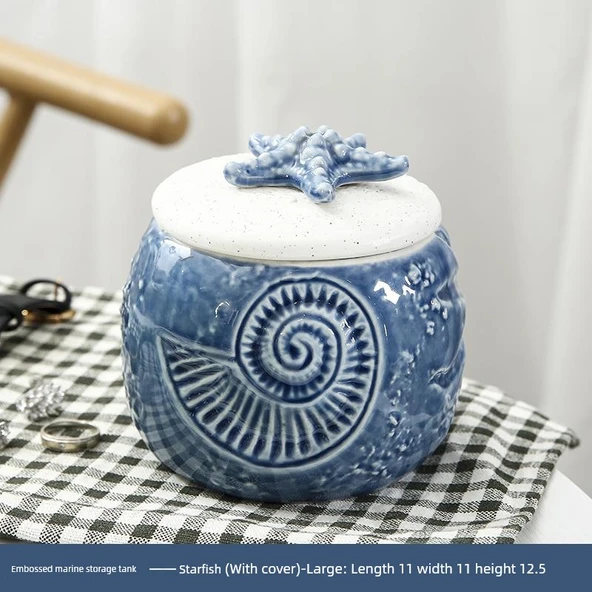 Nordik Seramik Deniz Temalı Kapaklı Saklama Kavanozu - Kabartmalı Deniz Kabuğu (Büyük) - 5