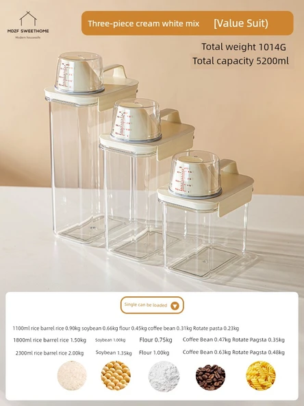 3'lü Krem Beyaz Tahıl Saklama Kabı Seti (1100ml + 1800ml + 2300ml)