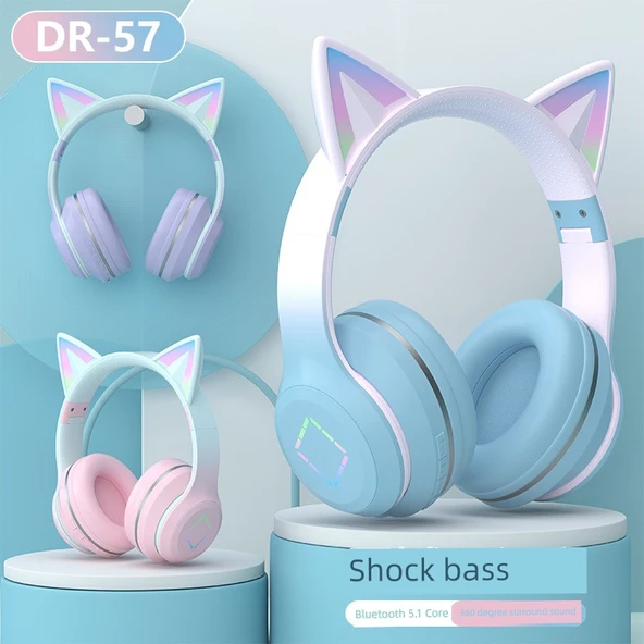 Kedi Kulaklı Gradient Renkli Kablosuz Bluetooth Kulaklık - Gök Mavisi 7.1 Stereo - 2