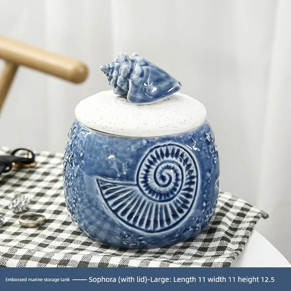 Nordik Seramik Deniz Temalı Kapaklı Saklama Kavanozu - Kabartmalı Deniz Kabuğu (Büyük) - 4