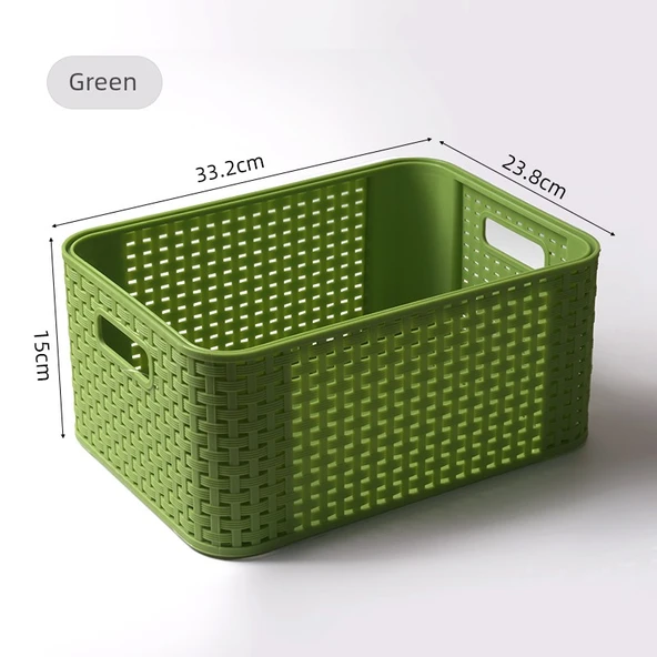 Plastik Rattan Desenli Saklama Sepeti - Yeşil