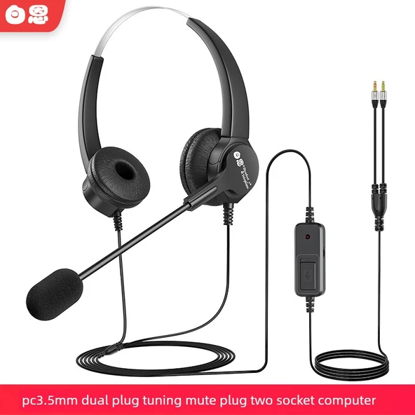 Çağrı Merkezi Kulaklığı - Çift Kulak PC3.5 Çift Fişli Ayarlanabilir Mute Fişli Çift Portlu Bilgisayar