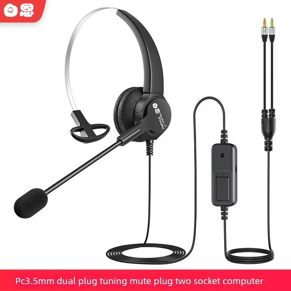 Çağrı Merkezi Kulaklığı - Tek Kulak PC3.5 Çift Fişli Ayarlanabilir Mute Çift Portlu Bilgisayar